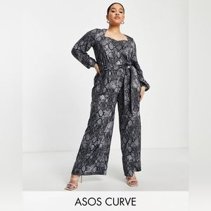 ASOS Design Curve Belted Jumpsuit With Volume Sleeve In Snake Print